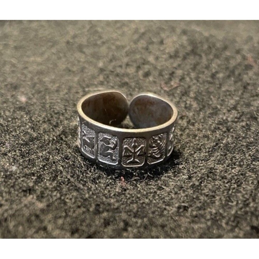 Silver Tone Adjustable Old Chinese Tibet Silver Handcarved Zodiac Ring